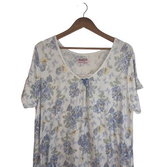 Betsy TW Modest Cottagecore knee length Nightgown Floral Sz L/XL Lace Blue - Picture 2 of 6